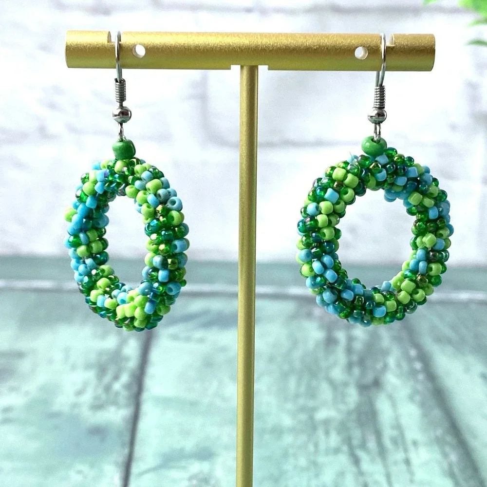 Vintage‎ 80s 90s Beaded Hoop Drop Earrings – Green & Blue Seed Beads Spring